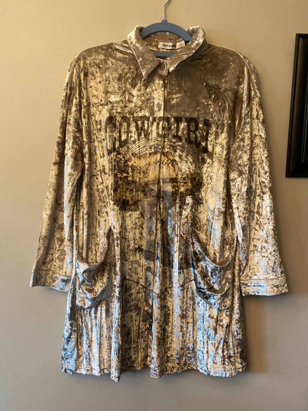 Origami Velvet Cowgirl Button-Front Tunic Jacket - Taupe